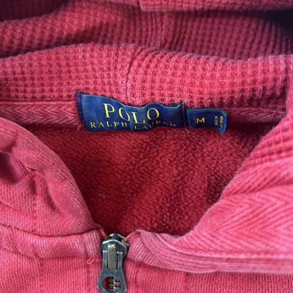 Vintage Polo Ralph Lauren Sweatshirt Hoodie Size Medium Red Full Zip Distress - Picture 8 of 11